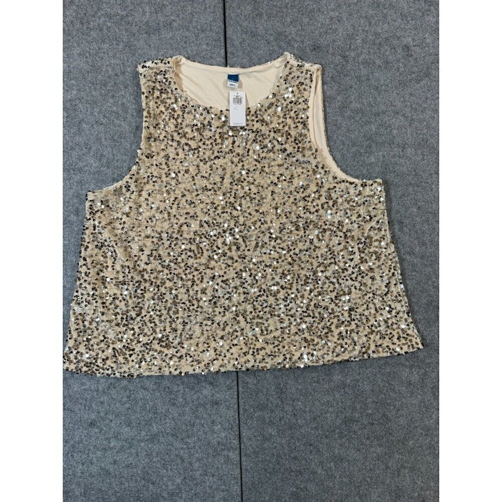Old Navy Sequin Tank Top Women's Large Beige Lined Classic Round Neck Pullover